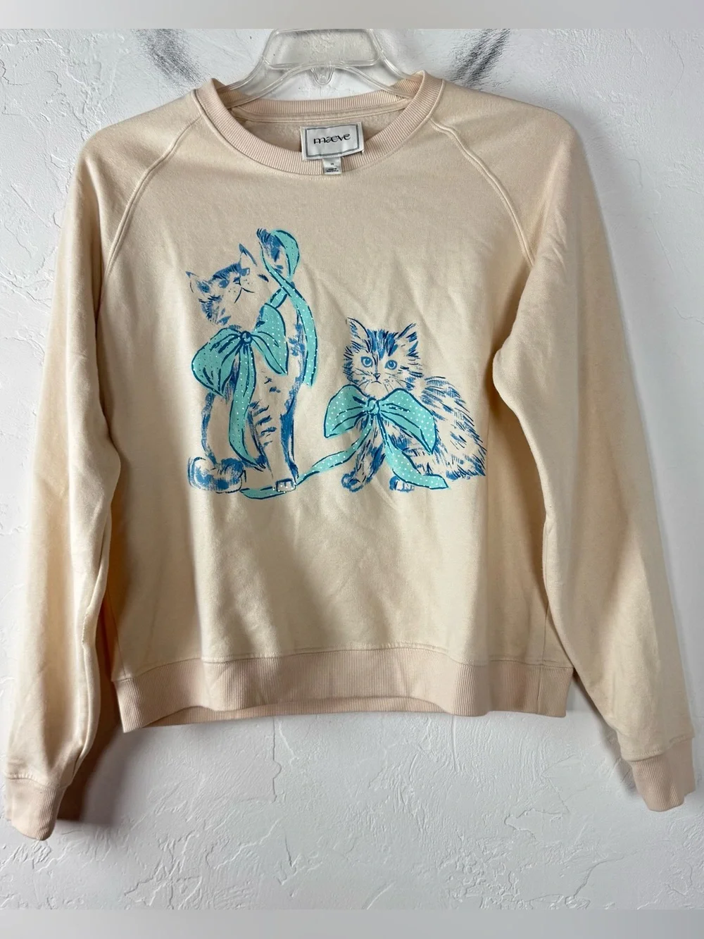 Anthropologie Maeve Sweatshirt Pullover Sweater Knit Top Cat Print Bow Blue